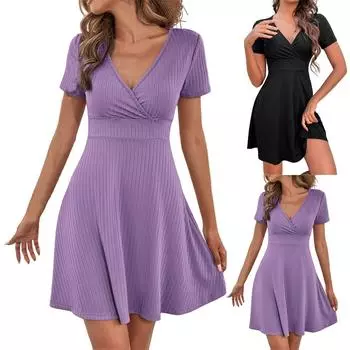 Модное женское платье с V-образным вырезом и коротким рукавом L чёрный