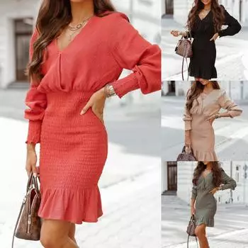 Модное женское платье, сексуальное вечернее платье с V-образным вырезом и нерегулярным длинным рукавом L бежевый