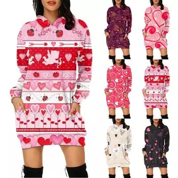 Модное женское платье-толстовка с карманами и капюшоном на День святого Валентина L