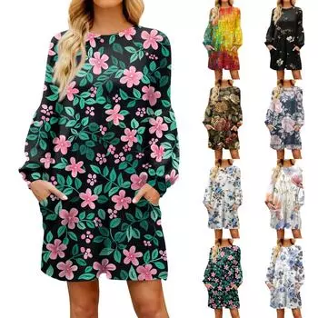 Модное женское платье трапециевидной формы с длинным рукавом. Осенний повседневный пуловер с круглым вырезом. Свободное платье с карманами. S чёрный