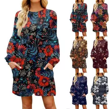 Модное женское платье трапециевидной формы с длинным рукавом. Осенний повседневный пуловер с круглым вырезом. Свободное платье с карманами. XXXL тёмно-синий