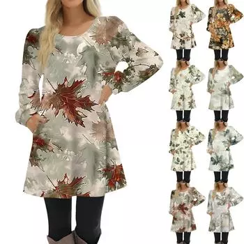 Модное женское платье трапециевидной формы с длинным рукавом, повседневный пуловер, свободное платье с круглым вырезом на пуговицах и карманами L армия зеленый