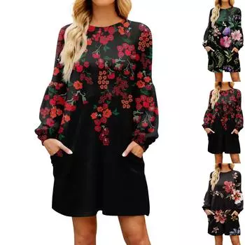 Модное женское платье трапециевидной формы с длинным рукавом. Осенний повседневный пуловер с круглым вырезом. Свободное платье с карманами. XL зелёный