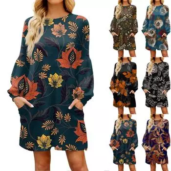 Модное женское платье трапециевидной формы с длинным рукавом. Осенний повседневный пуловер с круглым вырезом. Свободное платье с карманами. XXL верблюд