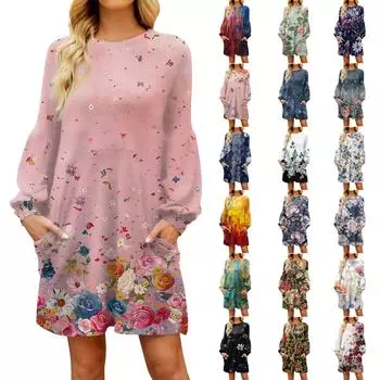 Модное женское платье трапециевидной формы с длинным рукавом. Осенний повседневный пуловер с круглым вырезом. Свободное платье с карманами. L чёрный