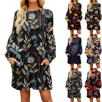 Модное женское платье трапециевидной формы с длинным рукавом. Осенний повседневный пуловер с круглым вырезом. Свободное платье с карманами. XXL чёрный