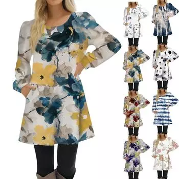 Модное женское платье трапециевидной формы с длинным рукавом, повседневный пуловер, свободное платье с круглым вырезом на пуговицах и карманами M винный