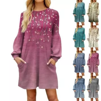 Модное женское платье трапециевидной формы с длинным рукавом. Осенний повседневный пуловер с круглым вырезом. Свободное платье с карманами. L синий