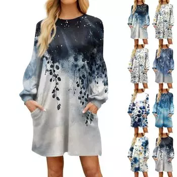 Модное женское платье трапециевидной формы с длинным рукавом. Осенний повседневный пуловер с круглым вырезом. Свободное платье с карманами. L синий