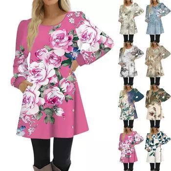 Модное женское платье трапециевидной формы с длинным рукавом, повседневный пуловер, свободное платье с круглым вырезом на пуговицах и карманами S синий