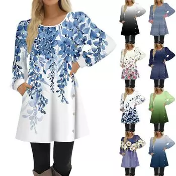 Модное женское платье трапециевидной формы с длинным рукавом, повседневный пуловер, свободное платье с круглым вырезом на пуговицах и карманами L синий