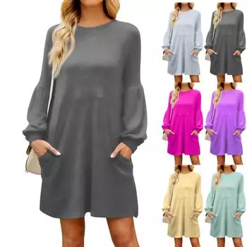 Модное женское платье трапециевидной формы с длинным рукавом. Осенний повседневный пуловер с круглым вырезом. Свободное платье с карманами. S бежевый