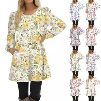 Модное женское платье трапециевидной формы с длинным рукавом, повседневный пуловер, свободное платье с круглым вырезом на пуговицах и карманами L синий