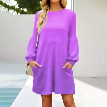 Модное женское платье трапециевидной формы с длинным рукавом. Осенний повседневный пуловер с круглым вырезом. Свободное платье с карманами. XL