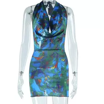 Модное женское платье в европейском и американском стиле с принтом, сексуальное, с висячим воротником, без рукавов, облегающее бедра, юбка L синий