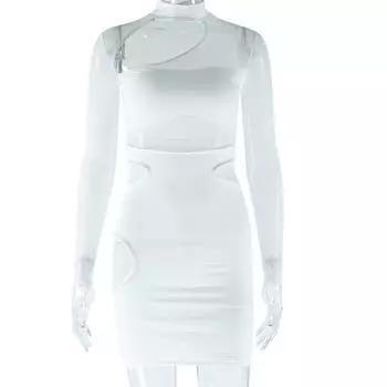 Модное женское платье в европейском и американском стиле, однотонное, сексуальное, с вырезами, сетчатая вставка, облегающая юбка L белый