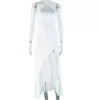 Модное женское платье в европейском и американском стиле, однотонное, с косым воротником, открытым плечом, без рукавов, разрезом, длинная юбка L белый