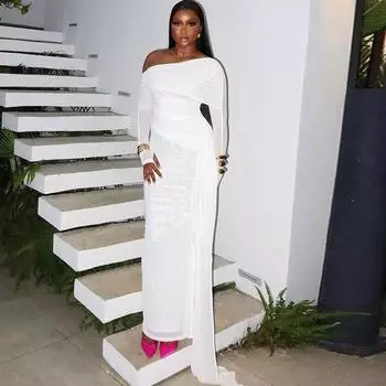 Модное женское платье в европейском и американском стиле, однотонное, сексуальное, с одним воротником, открытыми плечами, длинными рукавами, сетчатая юбка в стиле пэчворк L белый