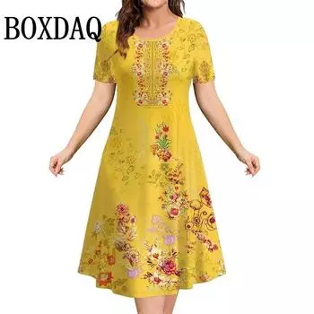 Модное женское платье в стиле ретро с 3D-принтом, с короткими рукавами, летняя одежда, свободное повседневное женское платье с цветочным принтом больших размеров, новый стиль 2025 года S