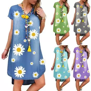 Модное женское повседневное джинсовое платье длиной до колена с v-образным вырезом и коротким рукавом с принтом XXL синий