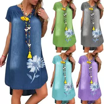 Модное женское повседневное джинсовое платье длиной до колена с v-образным вырезом и коротким рукавом с принтом L синий