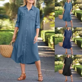 Модное женское повседневное карманное платье Элегантное однотонное повседневное платье XXL