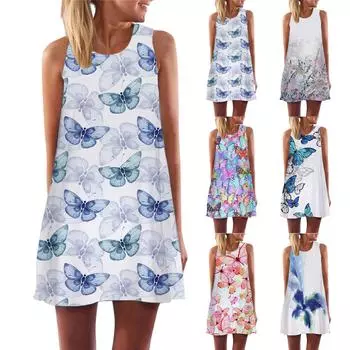 Модное женское повседневное летнее свободное платье без рукавов с круглым вырезом и принтом XL синий