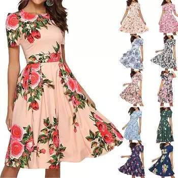 Модное женское повседневное мини-платье с коротким рукавом и принтом розы L синий