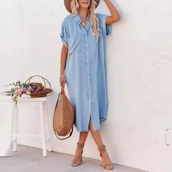 Модное женское повседневное модное однотонное пуловерное платье с короткими рукавами XL синий