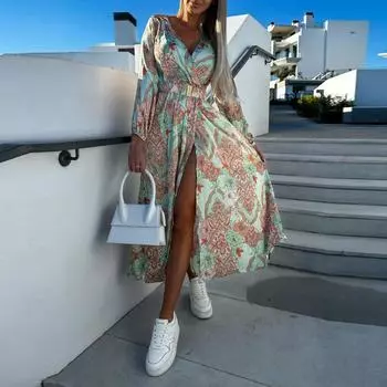 Модное женское повседневное модное пуловер с принтом и длинным рукавом, платье с v-образным вырезом L зелёный