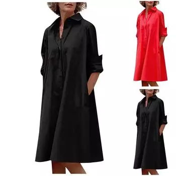 Модное женское повседневное однотонное платье с отложным воротником и длинными рукавами XXL чёрный