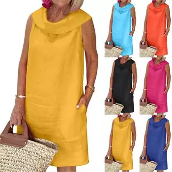 Модное женское повседневное однотонное пуловерное платье без рукавов с карманами