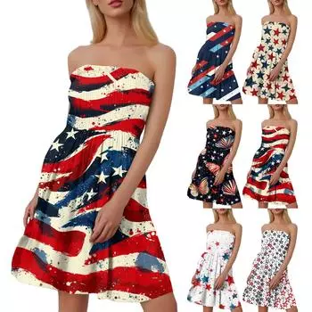 Модное женское повседневное платье-бандо без рукавов с принтом «День независимости» L красный