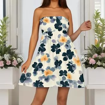 Модное женское повседневное платье-бандо с цветочным принтом без рукавов L чёрный