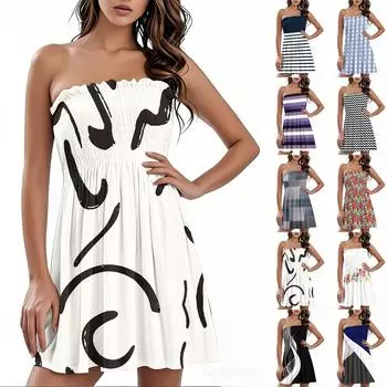 Модное женское повседневное платье-бандо с цветочным принтом без рукавов L чёрный