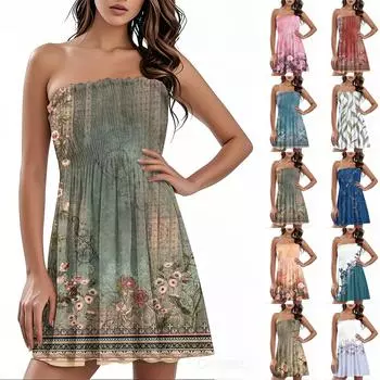 Модное женское повседневное платье-бандо с цветочным принтом без рукавов L