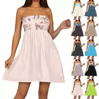 Модное женское повседневное платье-бандо с цветочным принтом без рукавов S белый