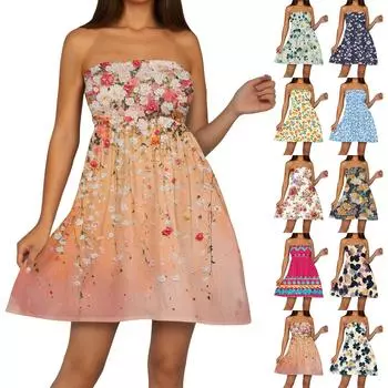 Модное женское повседневное платье-бандо с цветочным принтом без рукавов XL