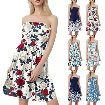 Модное женское повседневное платье-бандо с цветочным принтом без рукавов XL