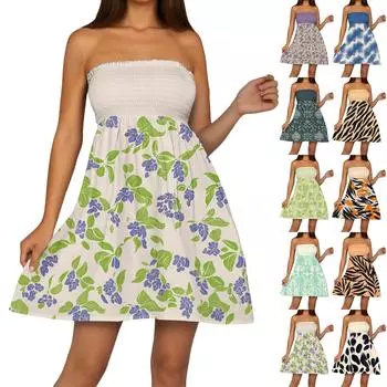 Модное женское повседневное платье-бандо с цветочным принтом без рукавов XXL зелёный