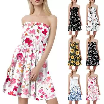 Модное женское повседневное платье-бандо с цветочным принтом без рукавов S белый