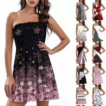 Модное женское повседневное платье-бандо с цветочным принтом без рукавов L чёрный