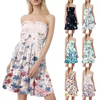 Модное женское повседневное платье-бандо с цветочным принтом без рукавов XXL циан