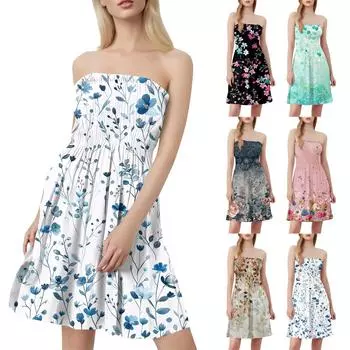 Модное женское повседневное платье-бандо с цветочным принтом без рукавов XXL чёрный