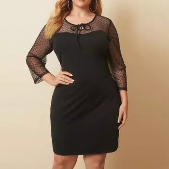 Модное женское повседневное платье больших размеров с длинным рукавом и круглым вырезом, сплошное цветное кружевное платье L чёрный