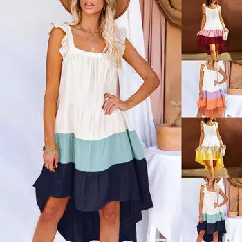 Модное женское повседневное платье-бретелька с квадратным вырезом в стиле бохо, многослойное платье с цветными блоками S оранжевый