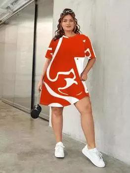 Модное женское повседневное платье-футболка больших размеров с 3D-геометрическим принтом, с коротким рукавом и круглым вырезом, средней эластичности, дышащее, длиной до колена S