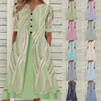 Модное женское повседневное платье миди с коротким рукавом и V-образным вырезом с карманом и принтом M чёрный