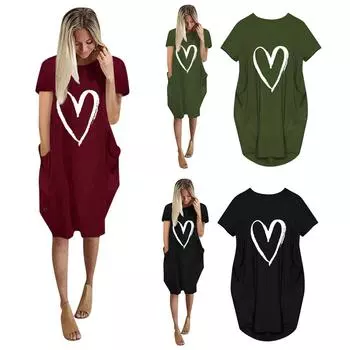 Модное женское повседневное платье-пуловер с круглым вырезом и карманом с коротким рукавом L зелёный