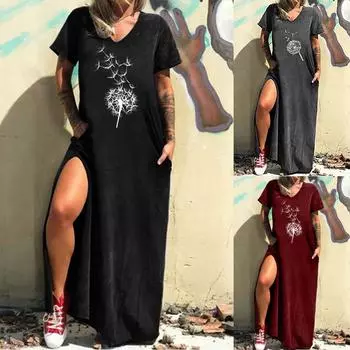 Модное женское повседневное платье с V-образным вырезом и коротким рукавом с длинными разрезами и карманом L чёрный